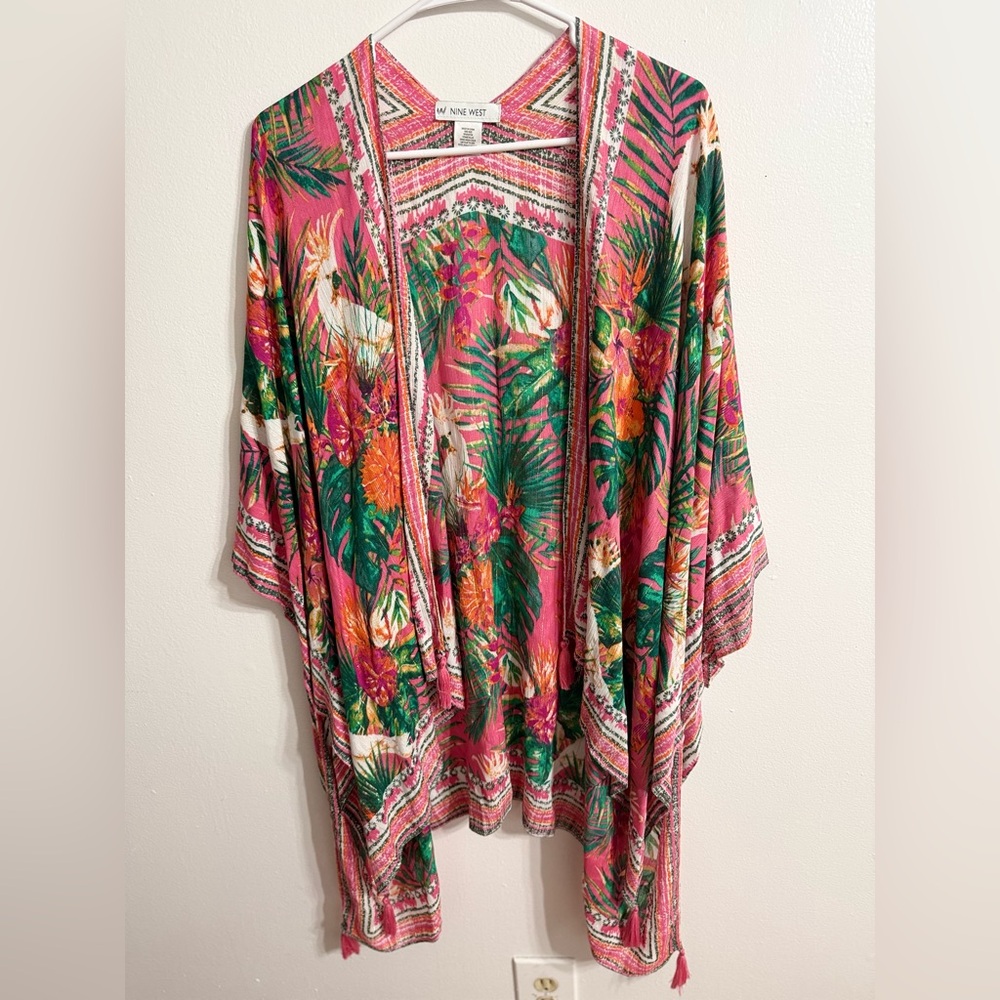 Nine West Coral Tasseled Floral Tropical‎ Artsy Boho Beach Coverup Kimono OSFM